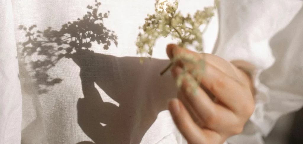 Photo macro représentant une femme vêtue d'une tenue blanche, en train de tenir du bout des doigts un brin de fleurs séchées.